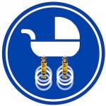 Blauw verkeersbord met een afbeelding van een uitstekend geveerde en gedempte kinderwagen (de wielen trillen, de wagen niet)
