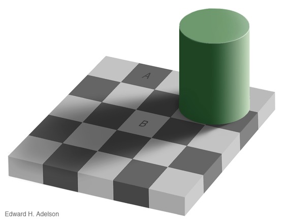 Checker Shadow Illusion, door Adelson. Twee grijze vlakken zijn gelijk van kleur, maar lijken verschillend door de context.